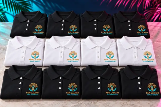 Black and white polos in a larger group with gold and turquoise New Calvary Health Ministry embroidery