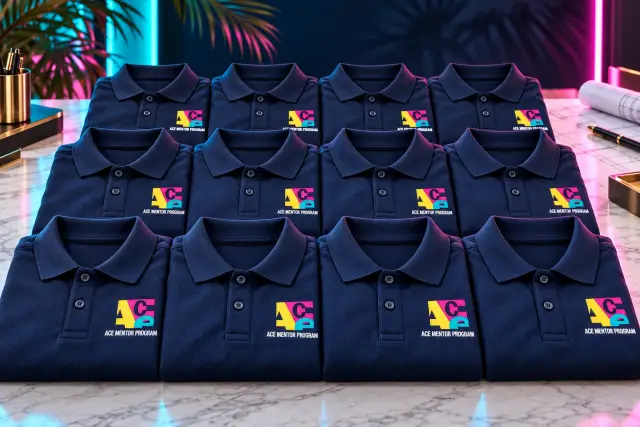 Twelve navy ACE Mentor embroidered polos displayed in three rows with pink and turquoise studio lighting