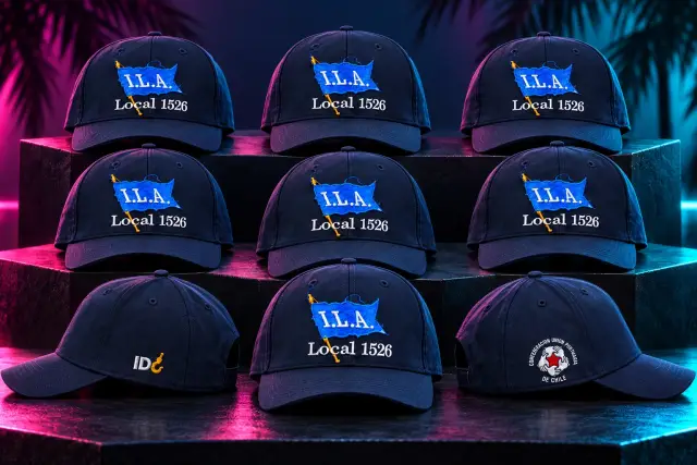 Nine navy embroidered ILA caps arranged in rows showing front and side logos