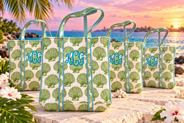 Matching seashell-print tropical totes with turquoise KCG monograms
