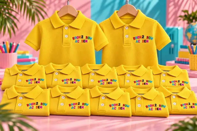 A larger group of yellow Room 2 Grow Academy school polos with crisp colorful embroidery