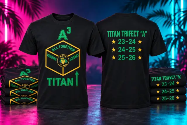 Black school T-shirts with green and gold front and back artwork plus folded matching shirts