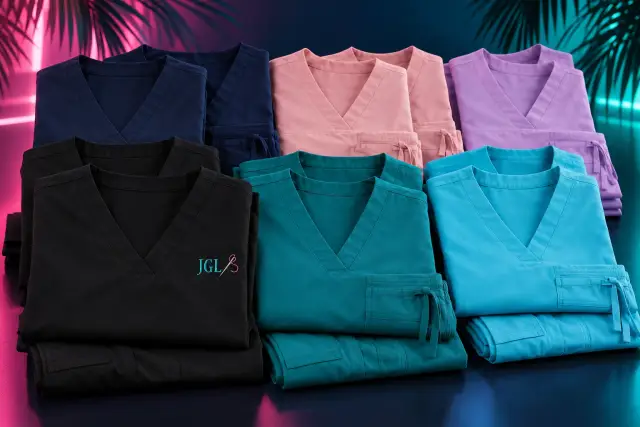 Folded scrub sets in six colors with a small embroidered JGL chest detail