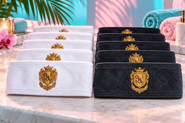 A larger collection of white and charcoal spa headbands embroidered with gold crests